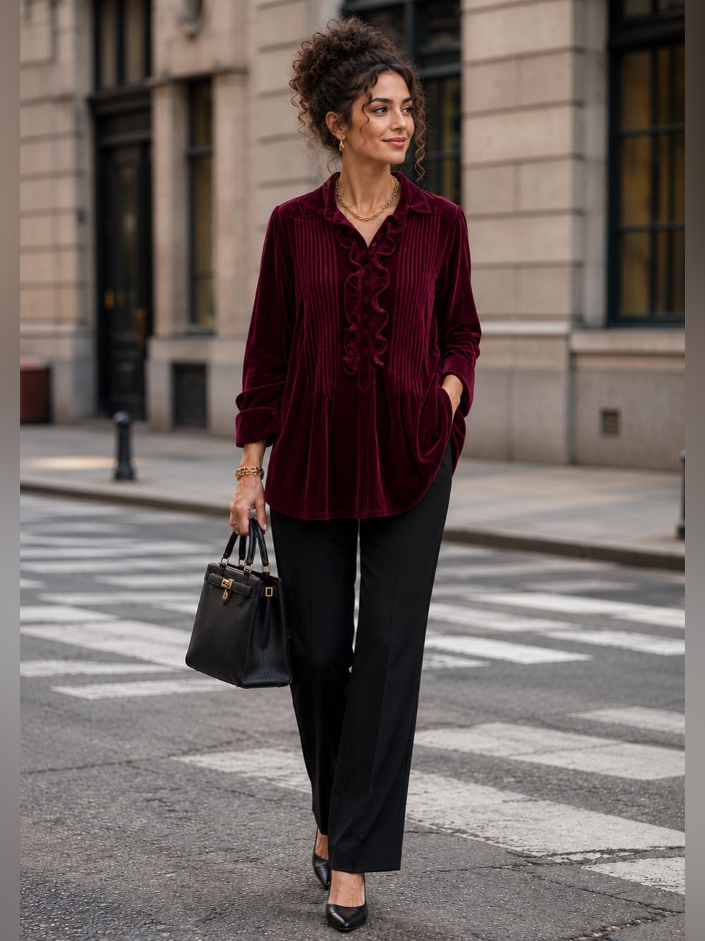 SOFT SURROUNDINGS Women's Burgundy Wine Ruffle Front 3/4 Sleeve Velvet Tunic Top